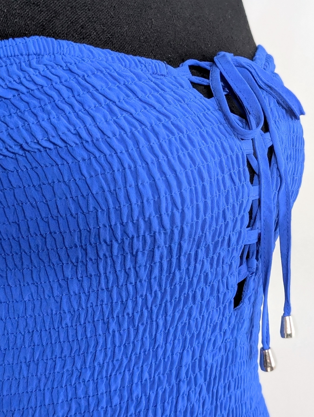 Cefian Blue Smocked Off Shoulder Mini Dress Lace Up Front Size S - Picture 6 of 9